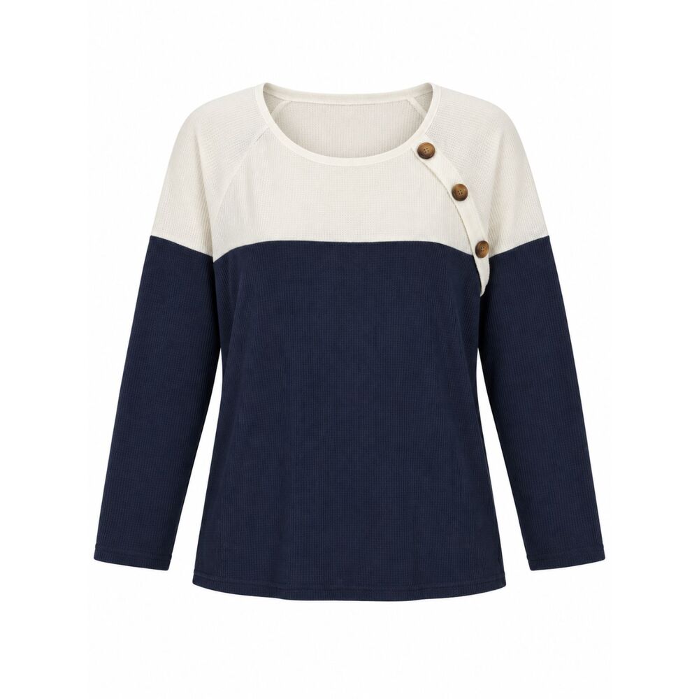 Navy Ivory Colorblock Waffle Knit Button Long Sleeve Top Nautical Preppy